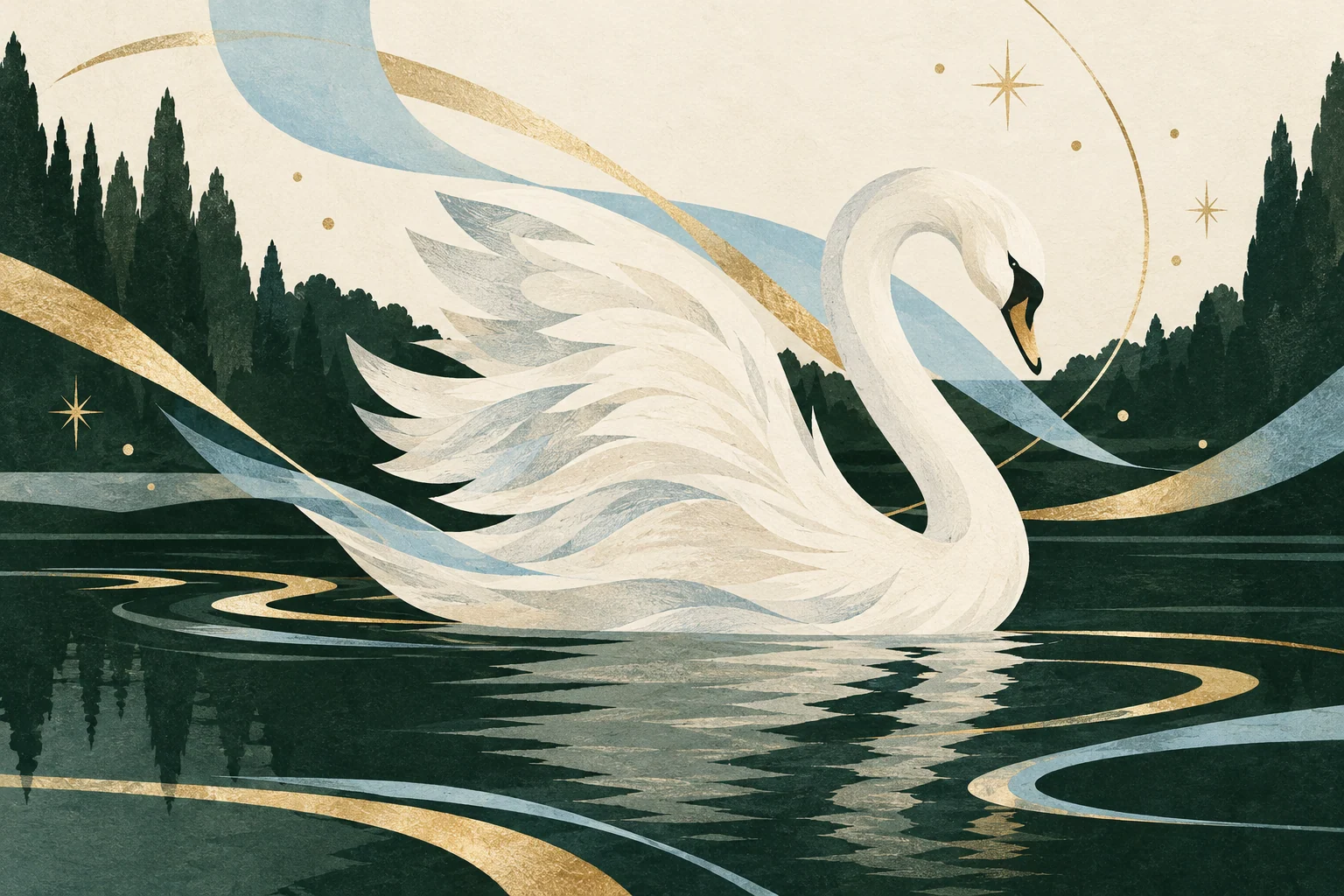 Editorial illustration of a white swan, flowing ribbons and stage-inspired light for Swan Lake: Symphony of Lights; not a photograph of the production.