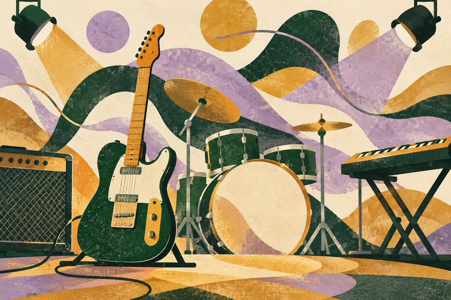 Cut-paper illustration of a guitar, drums, keyboard and stage lights amid flowing forest-green, lavender and ochre shapes.