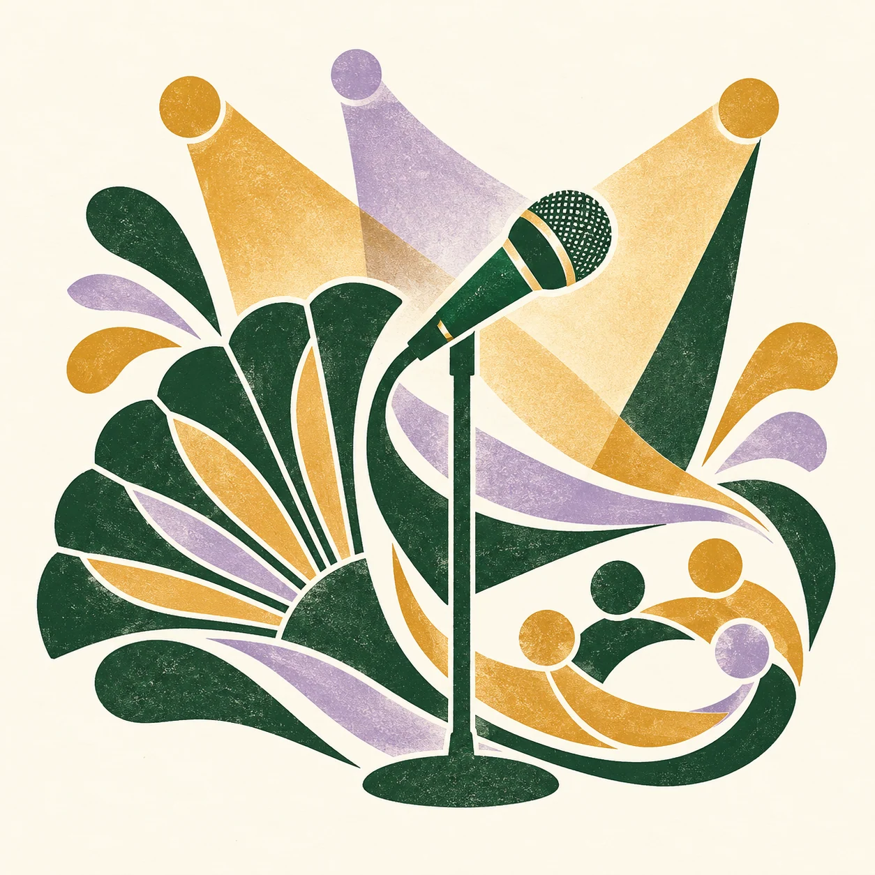 Illustration originale de formes de scène et d’un microphone évoquant un spectacle solidaire.
