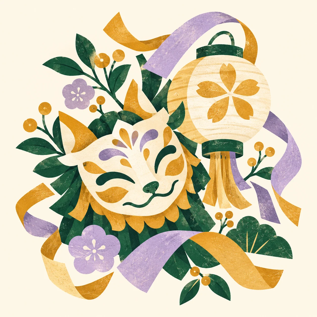 Illustration originale de formes de masque et de lanterne évoquant un festival de folklore japonais.