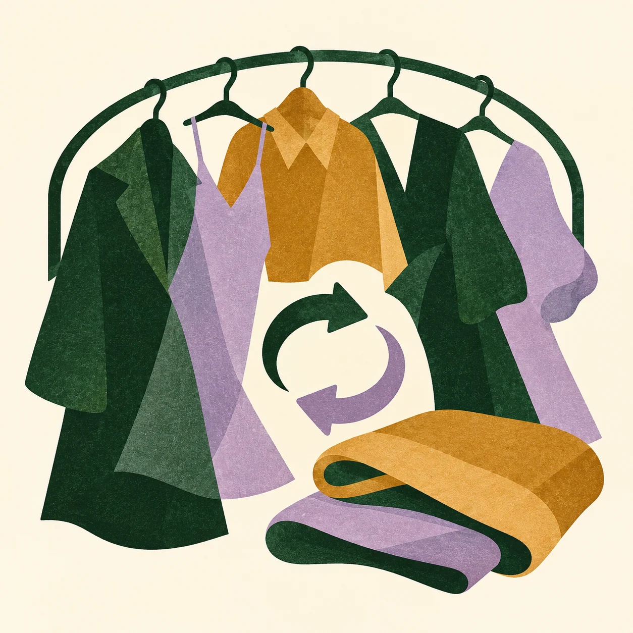 Illustration originale de vêtements abstraits et de formes évoquant un vide-dressing.