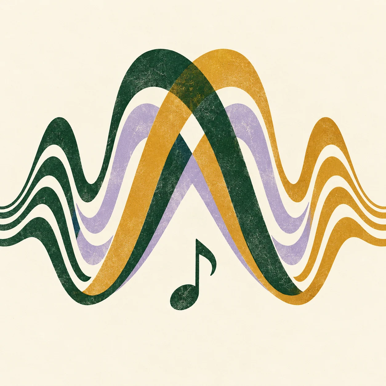 Illustration originale de deux formes sonores entrelacées évoquant un concert.
