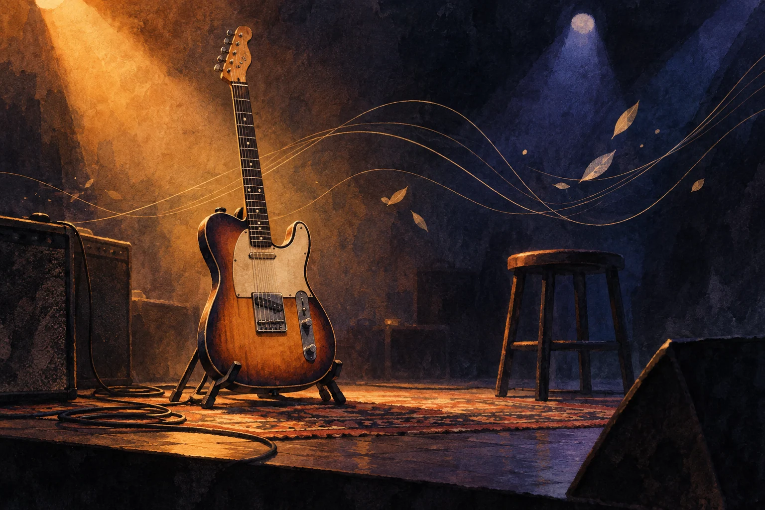 Original illustration of an electric guitar under amber and indigo stage lights; not a photograph of the artist or venue.