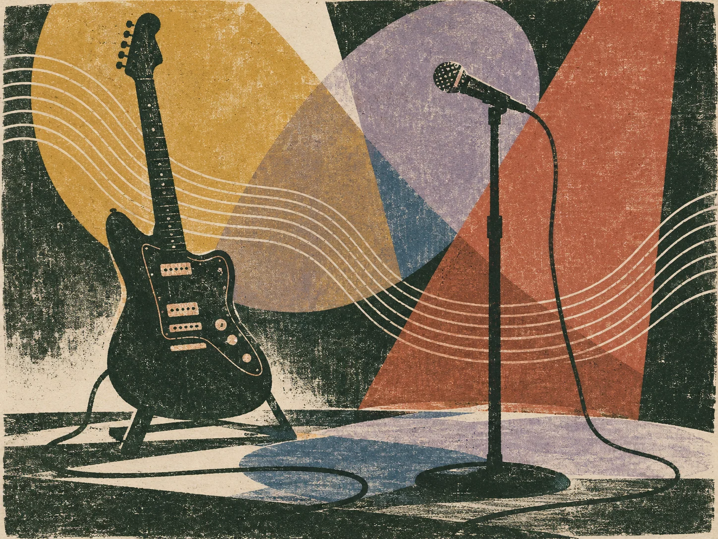 Decorative illustration of an electric guitar and microphone; conceptual artwork, not a photograph of the performance.