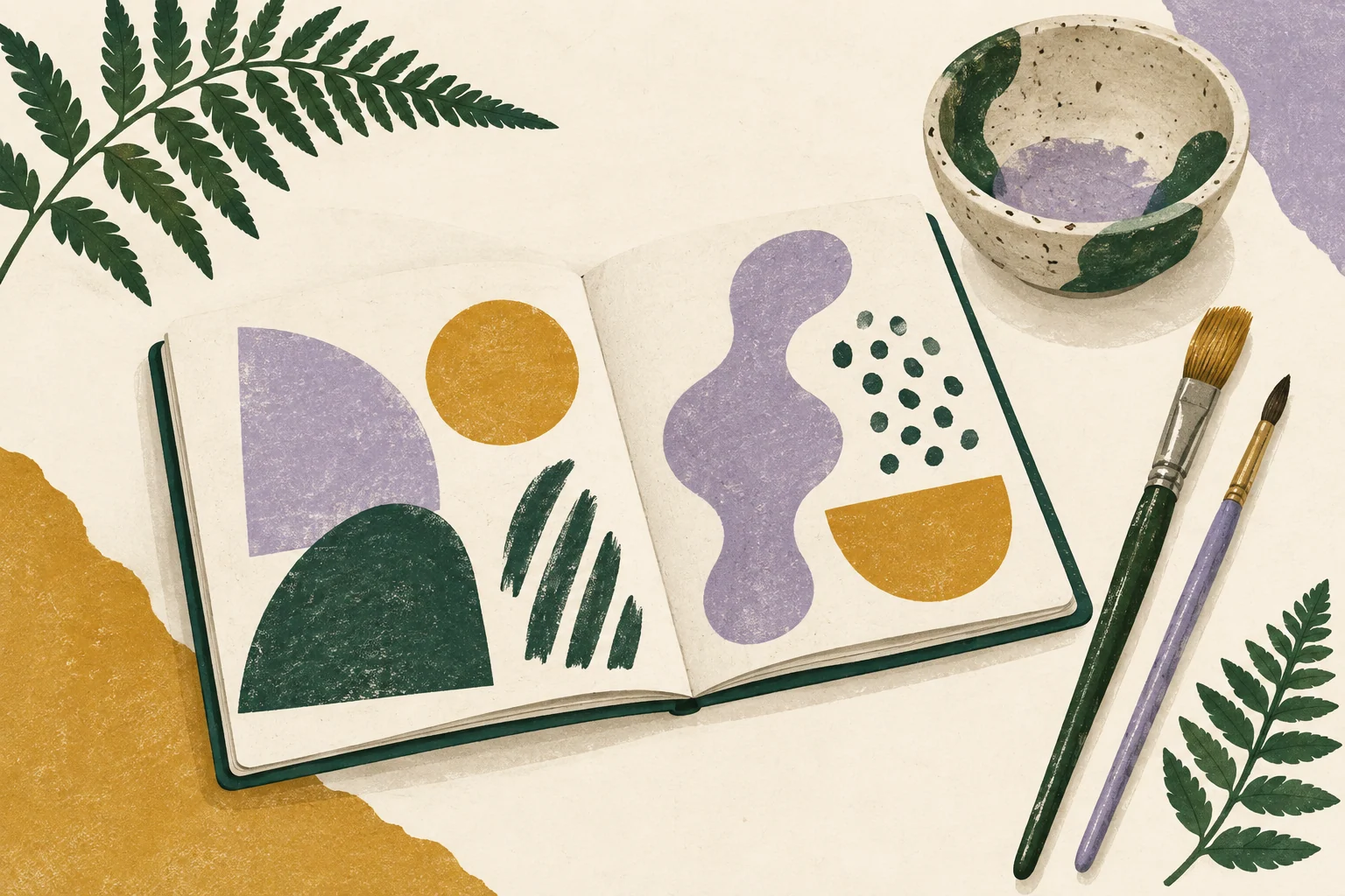 Decorative illustration of a sketchbook and brushes; not a photograph of the exhibition or its featured artworks.