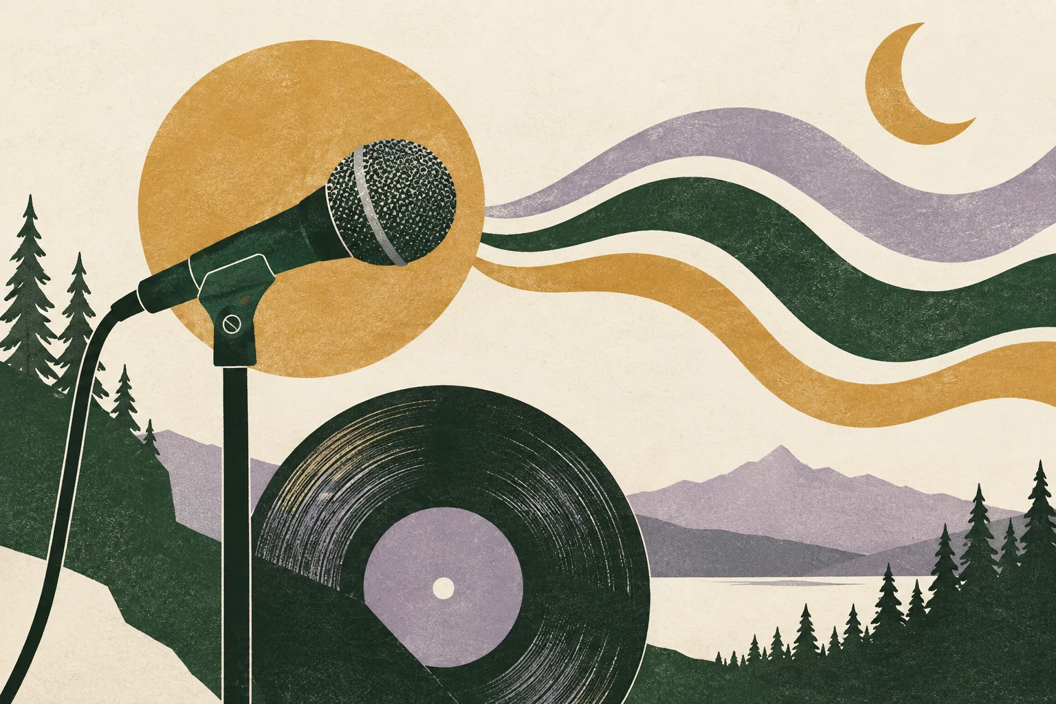 Decorative illustration of a microphone, record and flowing sound waves; not a photograph of the performers or venue.