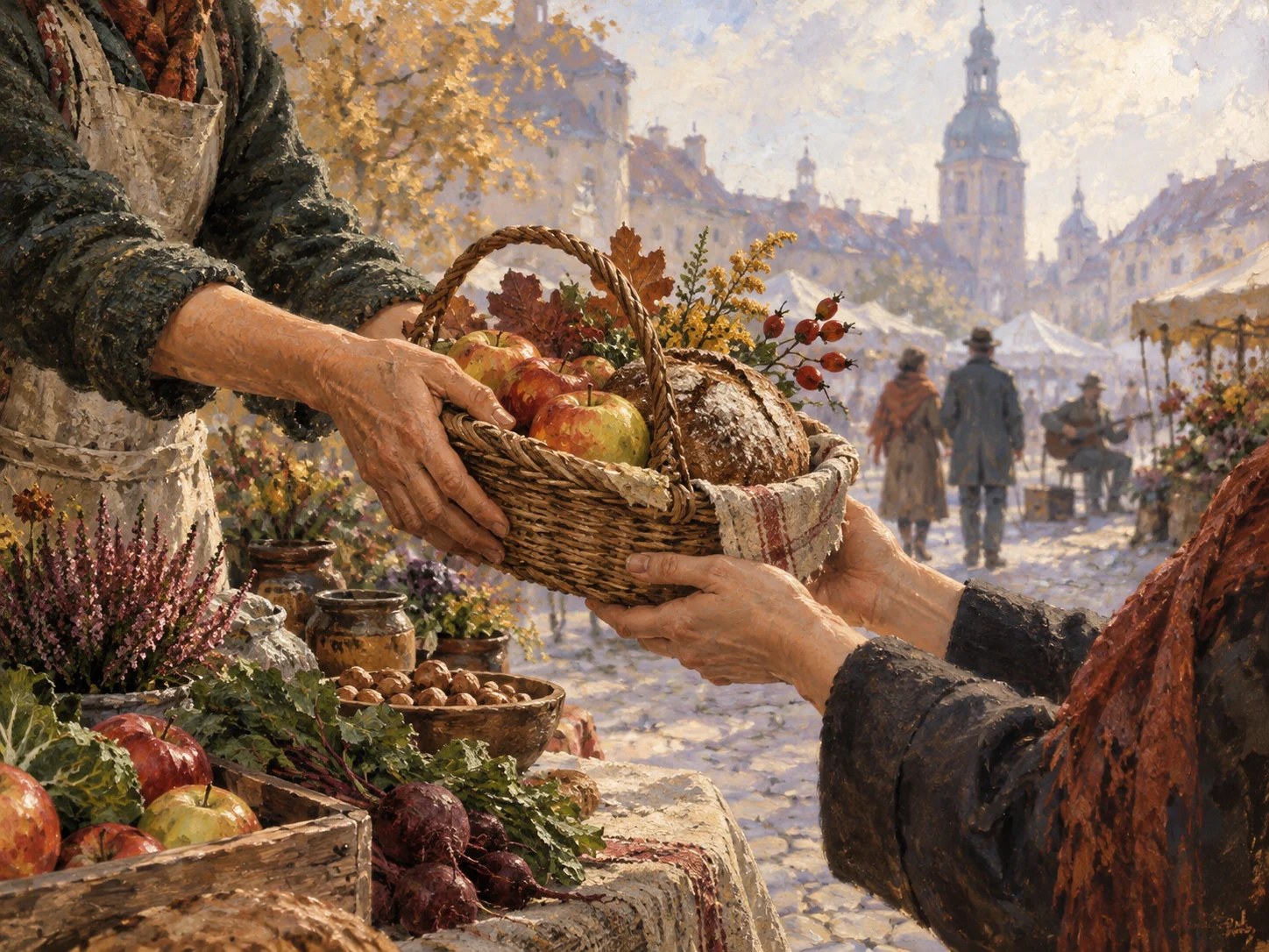 Gleznojumā tirgus apmeklētāju rokas nodod grozu ar āboliem un rudzu maizi gaišā rudens laukumā.
