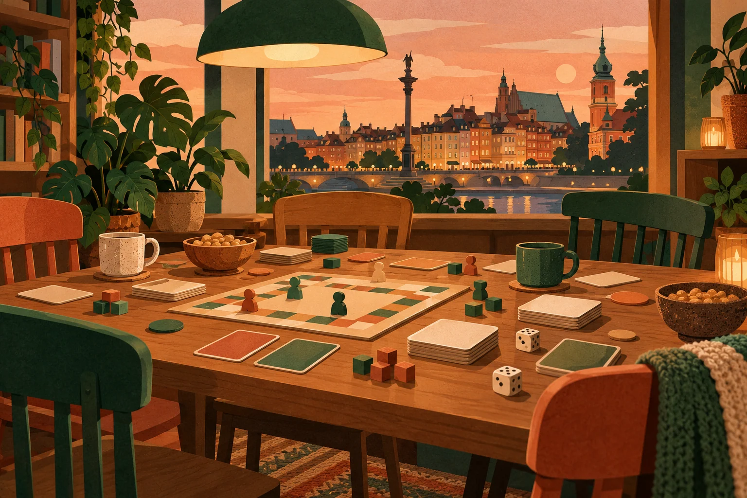 Ilustracja redakcyjna AI: stół z pionkami i kostkami do gry. Nie jest zdjęciem rzeczywistego spotkania ani konkretnej gry.
