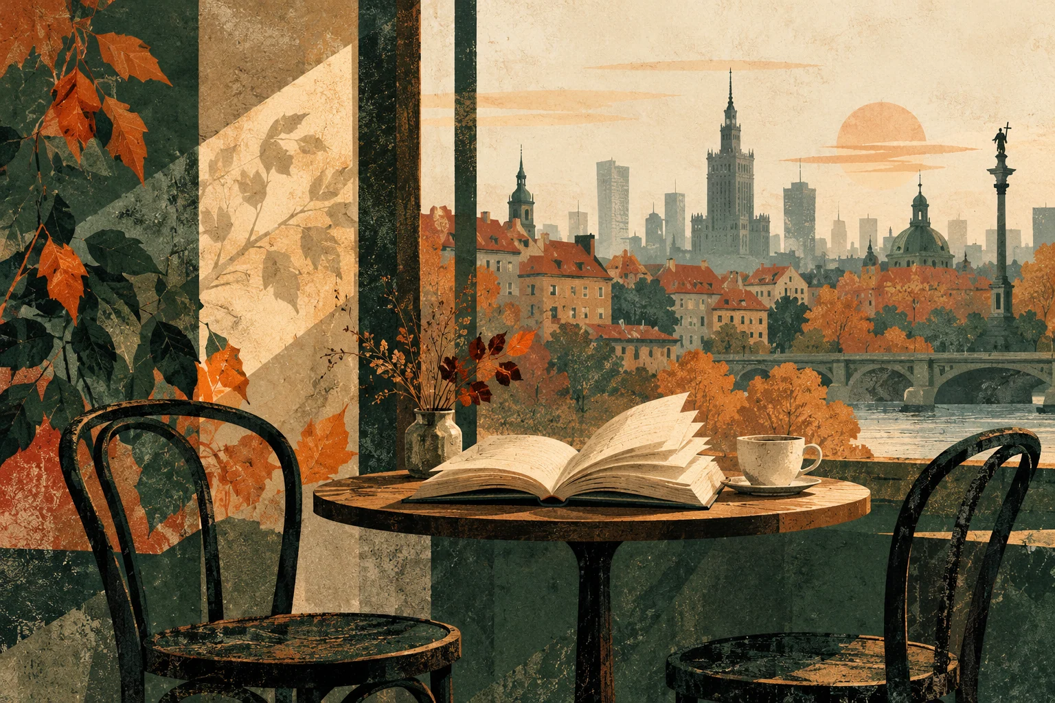 Ilustracja redakcyjna wygenerowana przez AI: książka i kawiarniany stolik na tle umownej Warszawy. Nie przedstawia rzeczywistego miejsca ani uczestników spotkania.