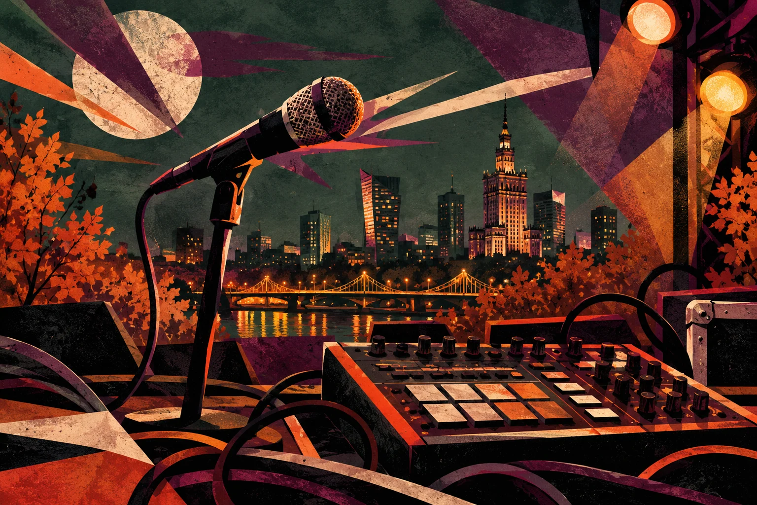 Ilustracja redakcyjna AI: mikrofon, automat perkusyjny i abstrakcyjny rytm. Nie przedstawia muzyków ani rzeczywistej sceny.