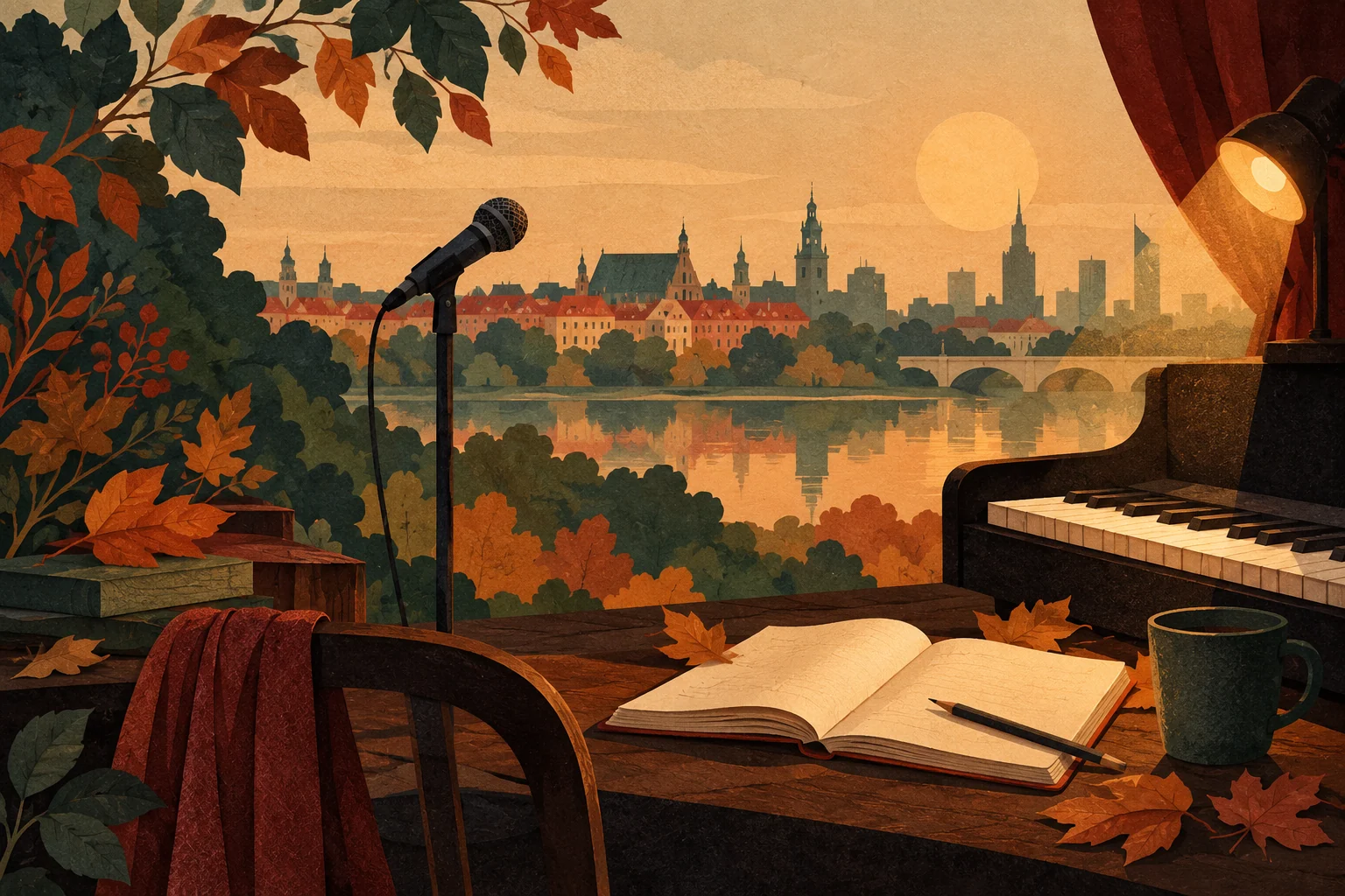 Ilustracja redakcyjna AI: mikrofon, nuty i notatnik w jesiennym świetle. Nie jest zdjęciem artystki ani rzeczywistego wydarzenia.