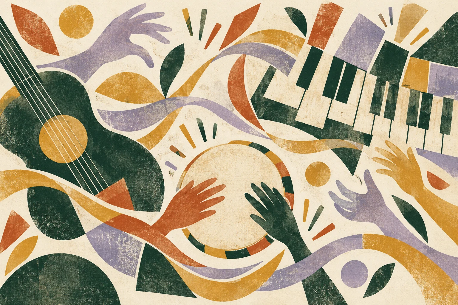 Ilustracja redakcyjna AI: instrumenty, dłonie i wspólne rytmy. Dekoracyjna kompozycja warsztatów muzycznych.