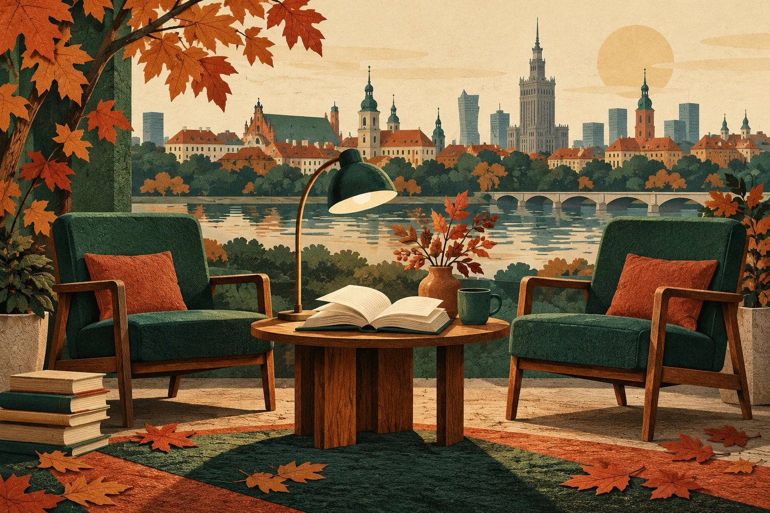 Ilustracja redakcyjna AI: otwarta książka, puste krzesła i lampa. Nie przedstawia autora, okładki książki ani rzeczywistego miejsca.