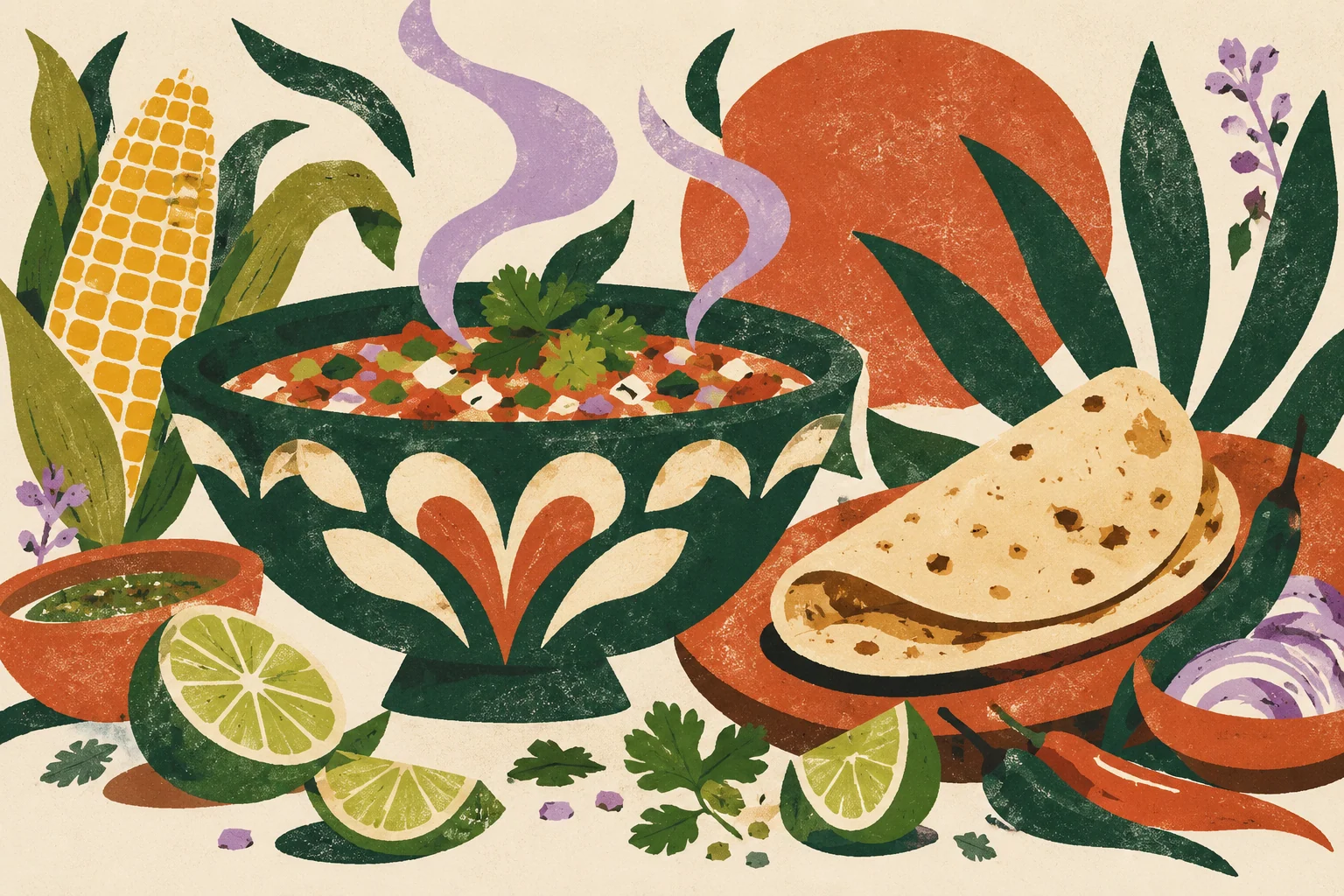 Ilustracja redakcyjna AI: miska, limonki, kukurydza i tortilla w abstrakcyjnej kompozycji. Ilustracja warsztatów, bez wizerunku rzeczywistego wydarzenia.